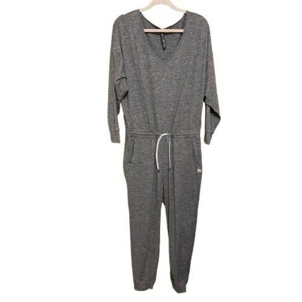 Vuori All Day Long Sleeve Jumpsuit Women Large Gray Heather V Neck Pocket Lounge